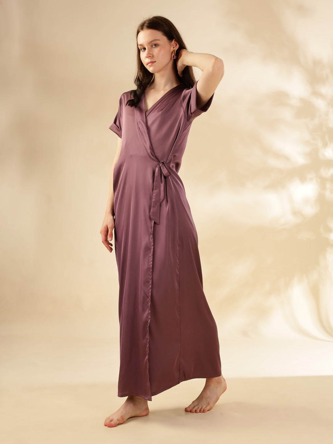 Elegant Front Open Maxi Grape Satin House Coat For Women