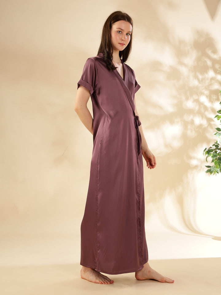 Elegant Front Open Maxi Grape Satin House Coat For Women