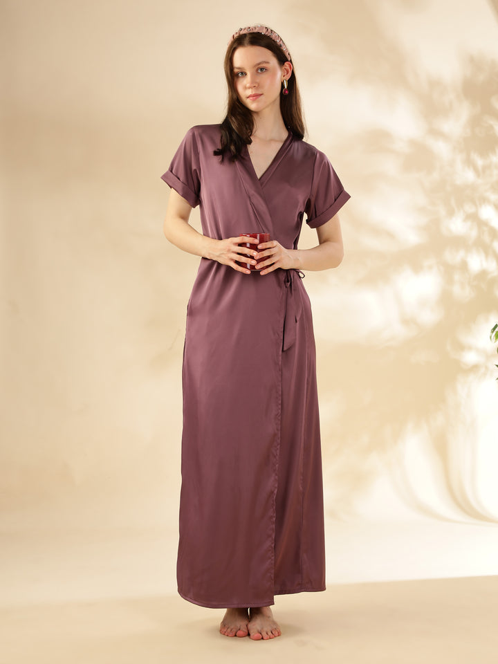 Elegant Front Open Maxi Grape Satin House Coat For Women