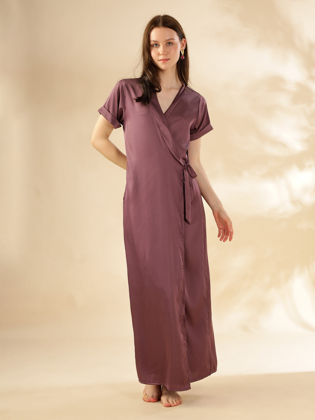 Elegant Front Open Maxi Grape Satin House Coat For Women