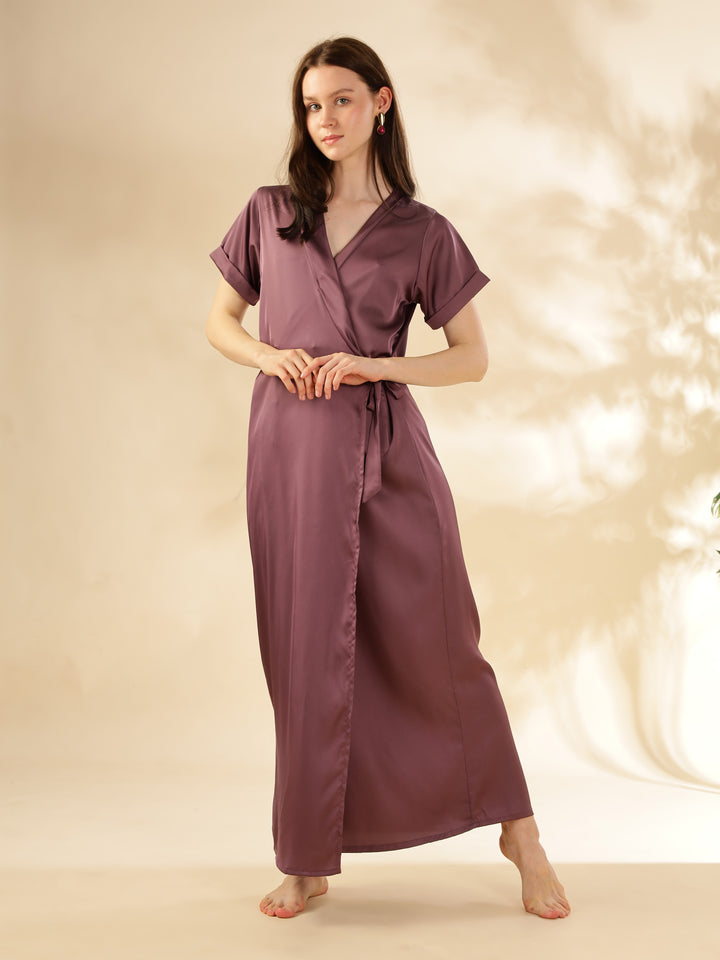 Elegant Front Open Maxi Grape Satin House Coat For Women