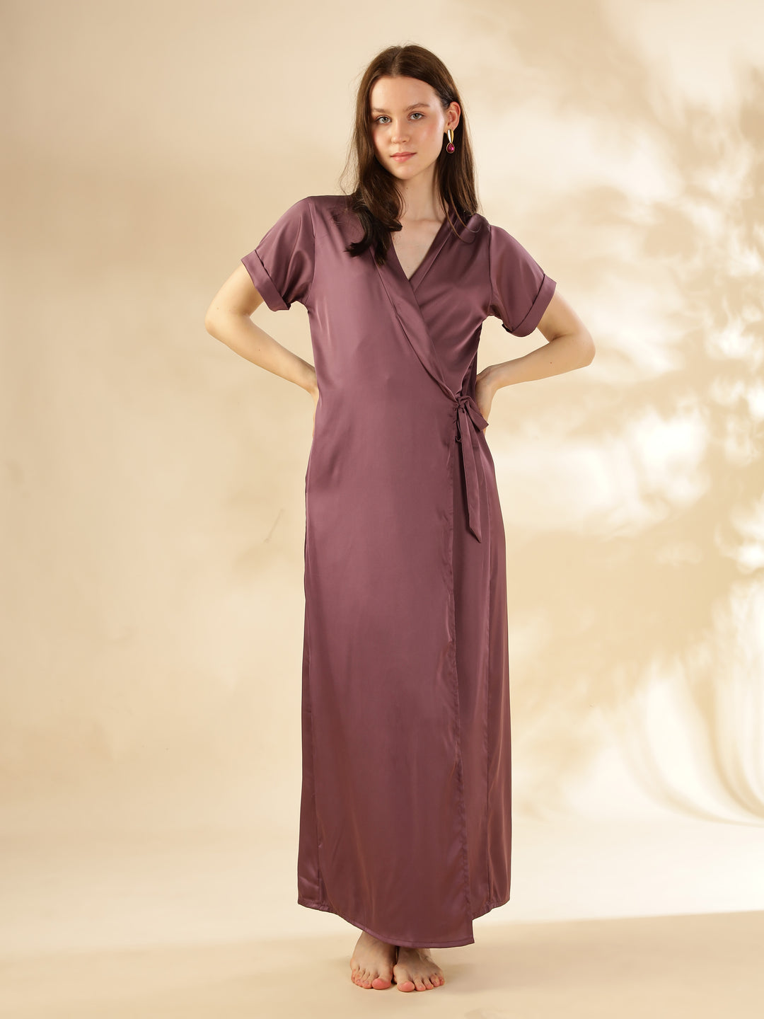 Elegant Front Open Maxi Grape Satin House Coat For Women