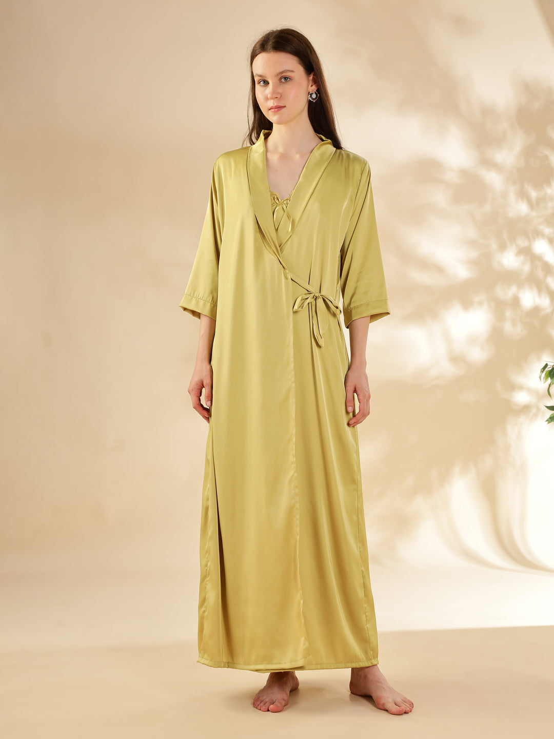 Yellow Sapphire Satin Nighty & Robe Set - Elegant Lace Detailing