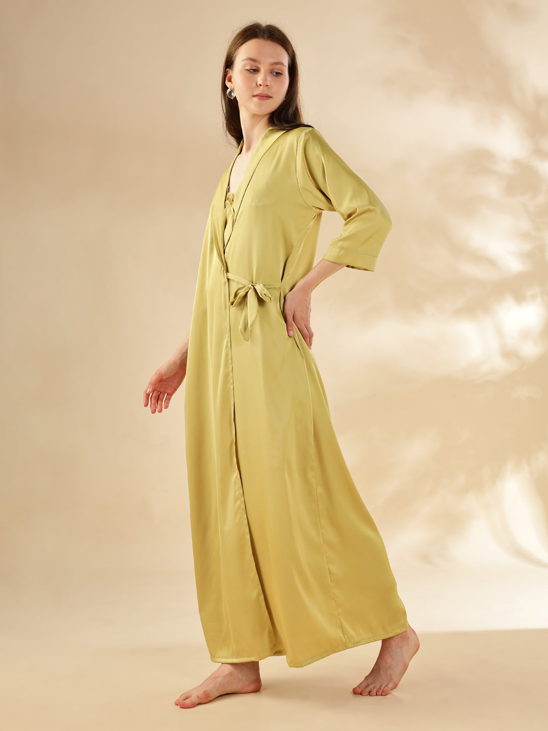 Yellow Sapphire Satin Nighty & Robe Set - Elegant Lace Detailing