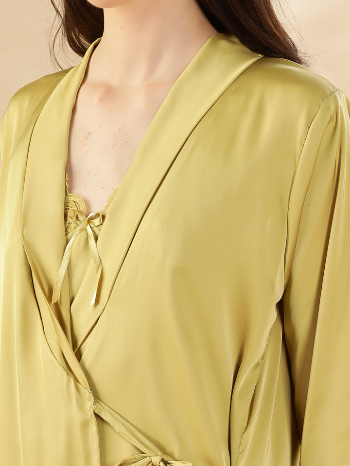 Yellow Sapphire Satin Nighty & Robe Set - Elegant Lace Detailing