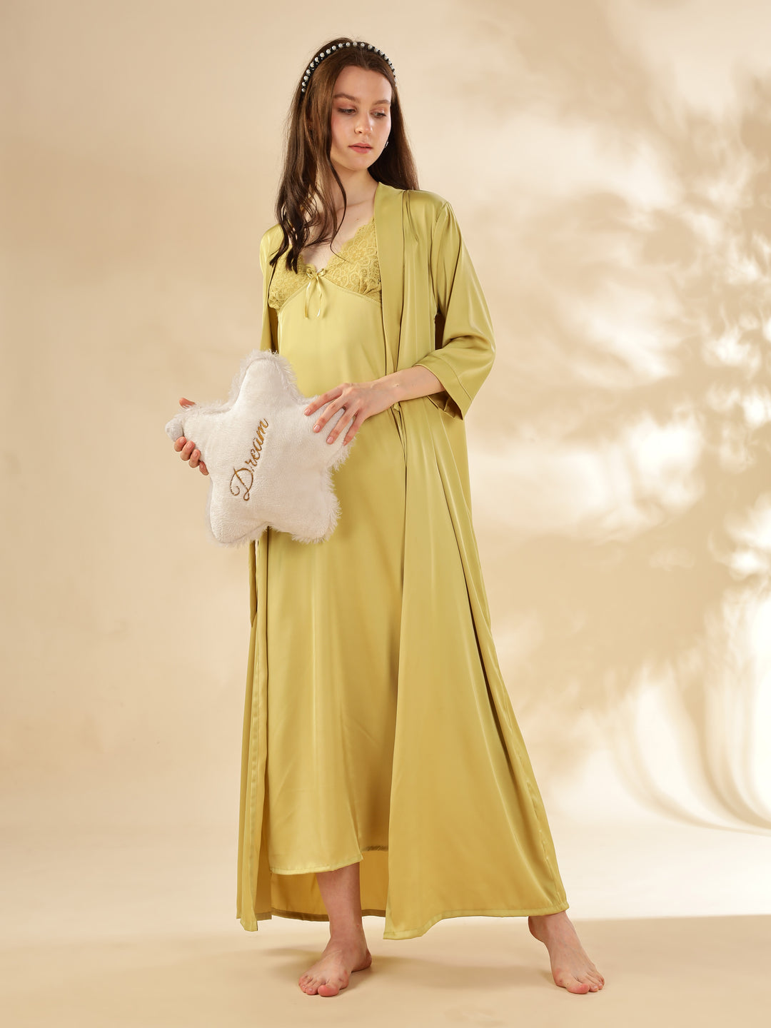 Yellow Sapphire Satin Nighty & Robe Set - Elegant Lace Detailing