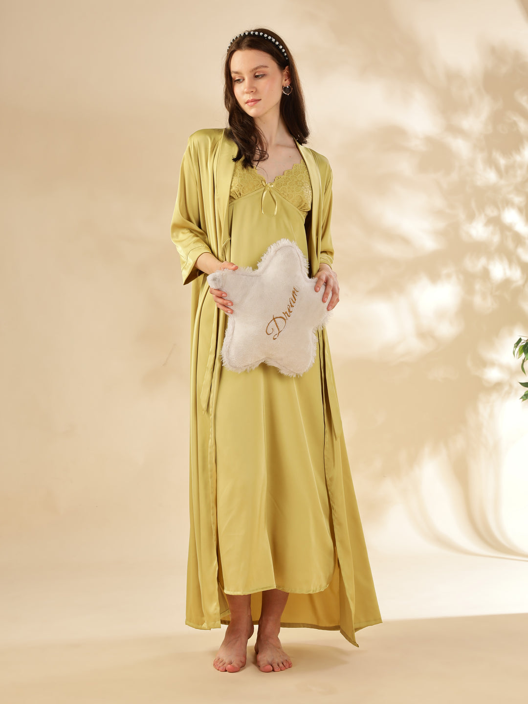 Yellow Sapphire Satin Nighty & Robe Set - Elegant Lace Detailing