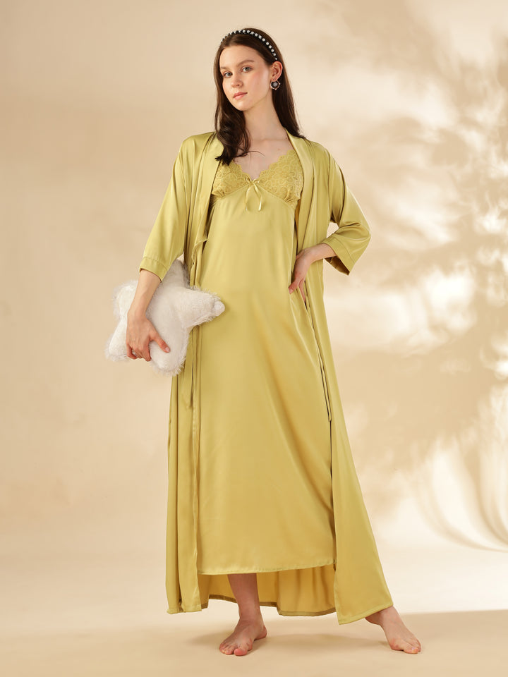 Yellow Sapphire Satin Nighty & Robe Set - Elegant Lace Detailing