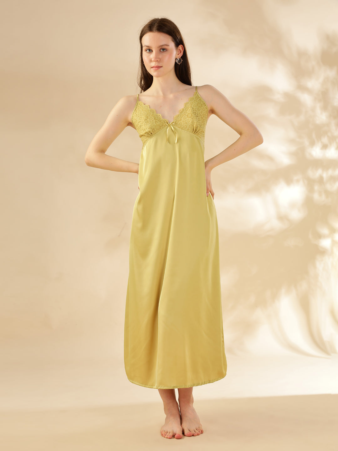 Yellow Sapphire Satin Nighty & Robe Set - Elegant Lace Detailing