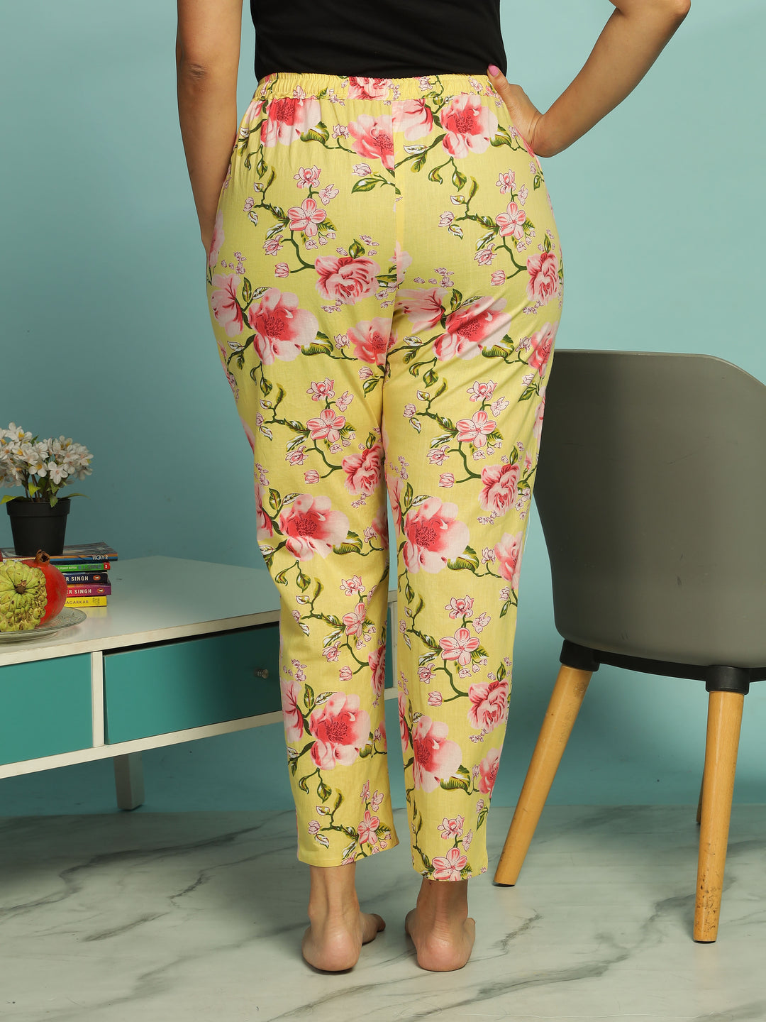 Yellow Soft Cotton Floral Womens Pyjama Set 