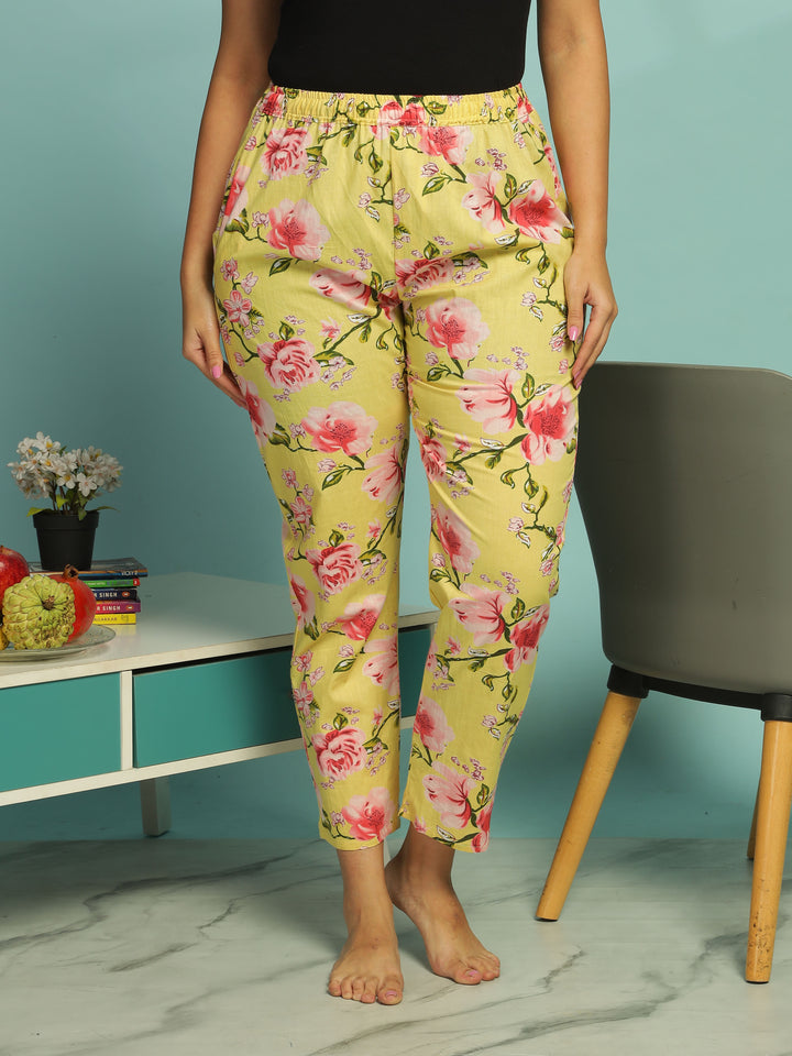 Yellow Soft Cotton Floral Womens Pyjama Set 