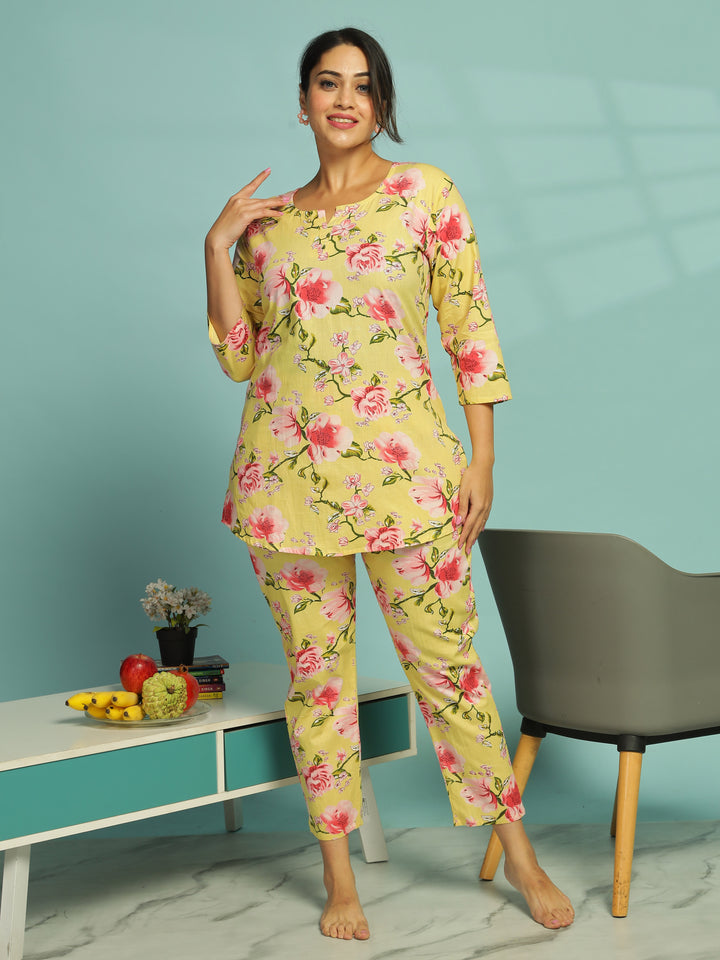 Yellow Soft Cotton Floral Womens Pyjama Set 