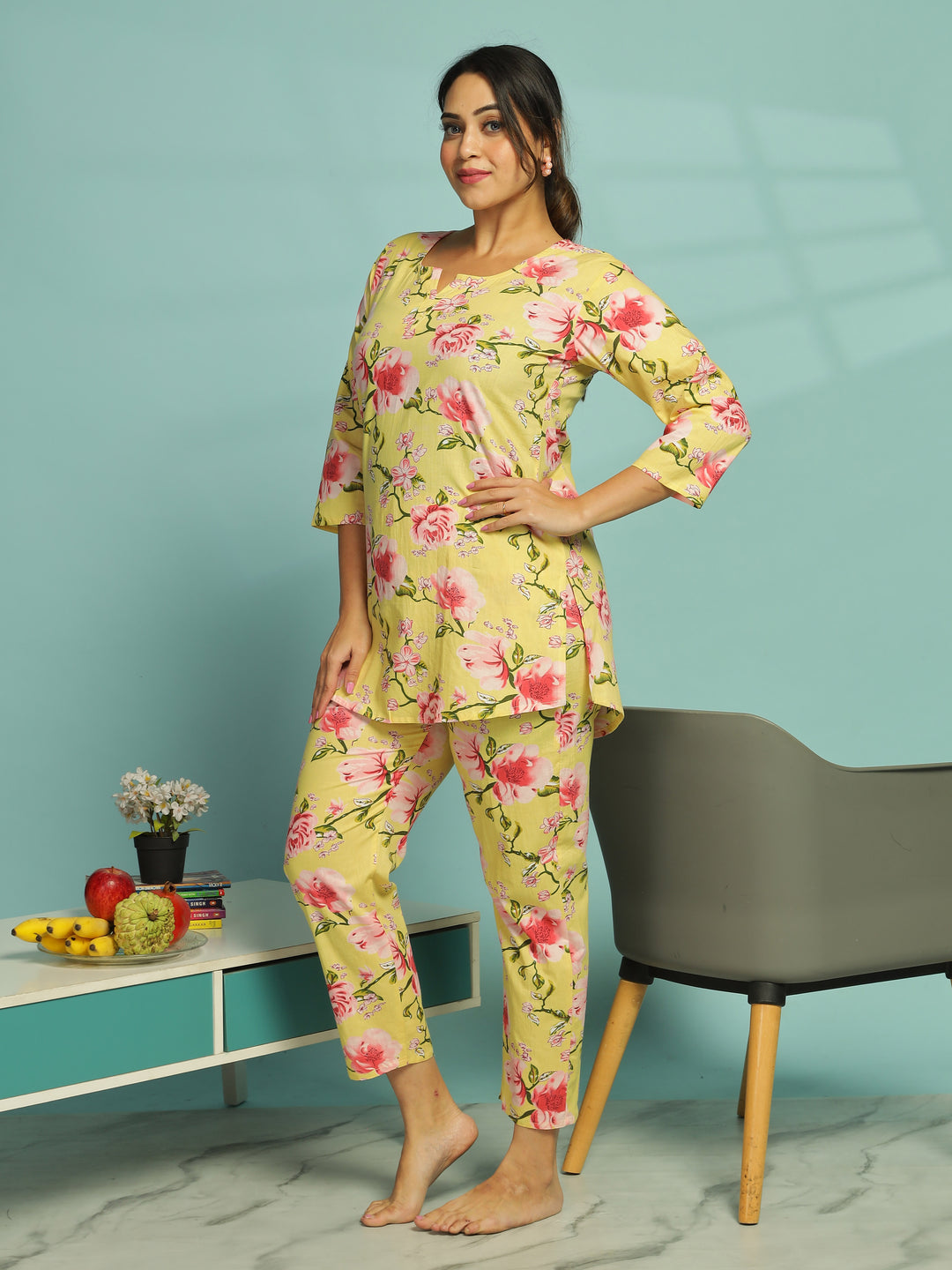 Yellow Soft Cotton Floral Womens Pyjama Set 