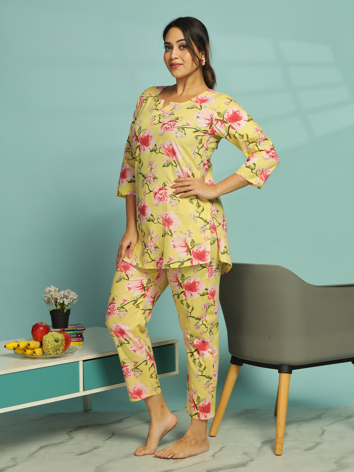 Yellow Soft Cotton Floral Womens Pyjama Set 