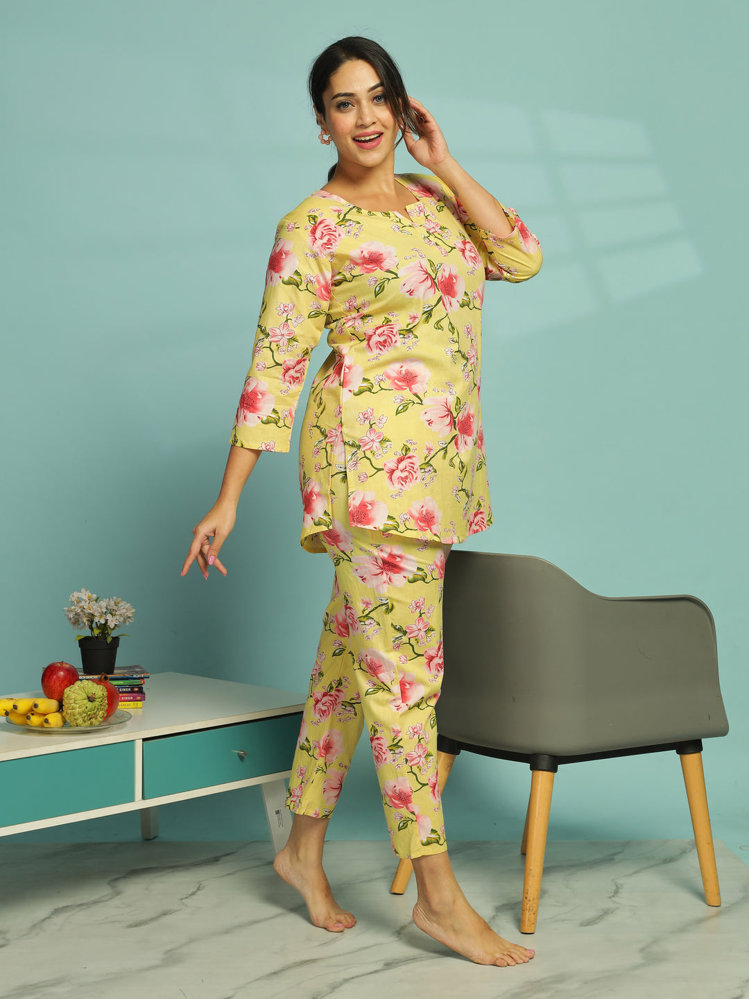 Yellow Soft Cotton Floral Womens Pyjama Set 