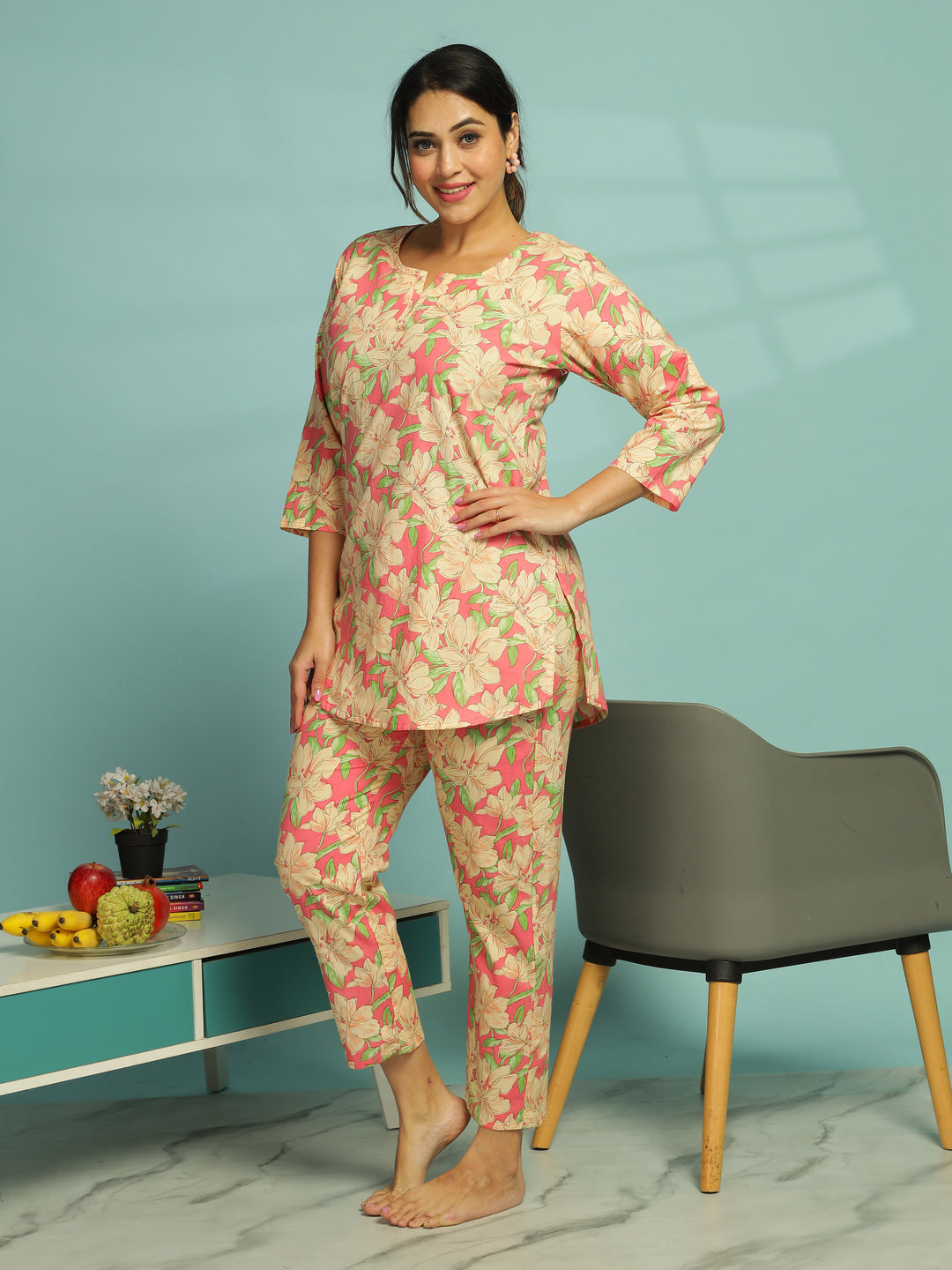 Pink Floral Cotton Pajama Set for Women Relaxed Fit Nightwear