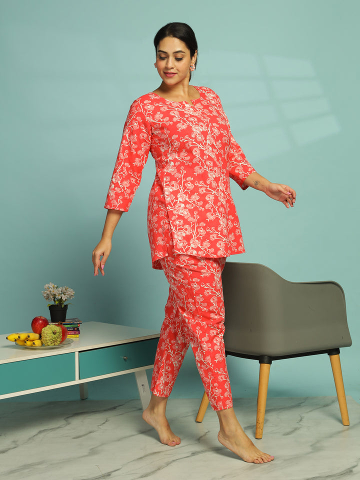 Coral Pink Pure Cotton Floral Pyjama Set for Women With Relaxed Fit