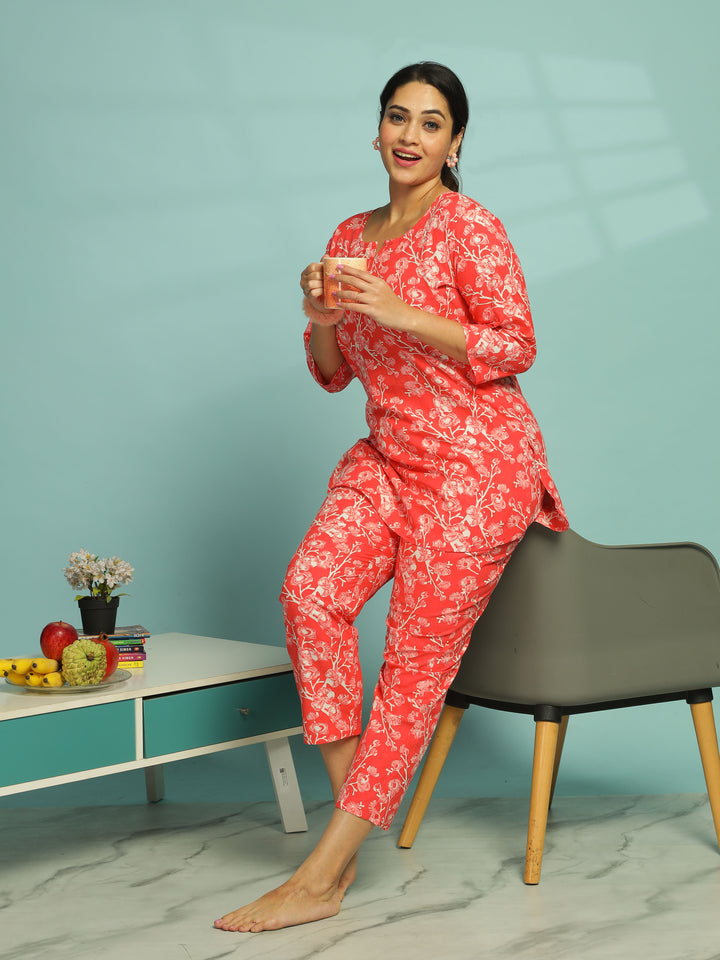 Coral Pink Pure Cotton Floral Pyjama Set for Women With Relaxed Fit