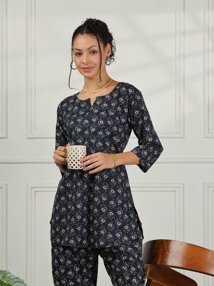 Midnight Blue Cotton Pyjama Set for Women Soft & Stylish Loungewear