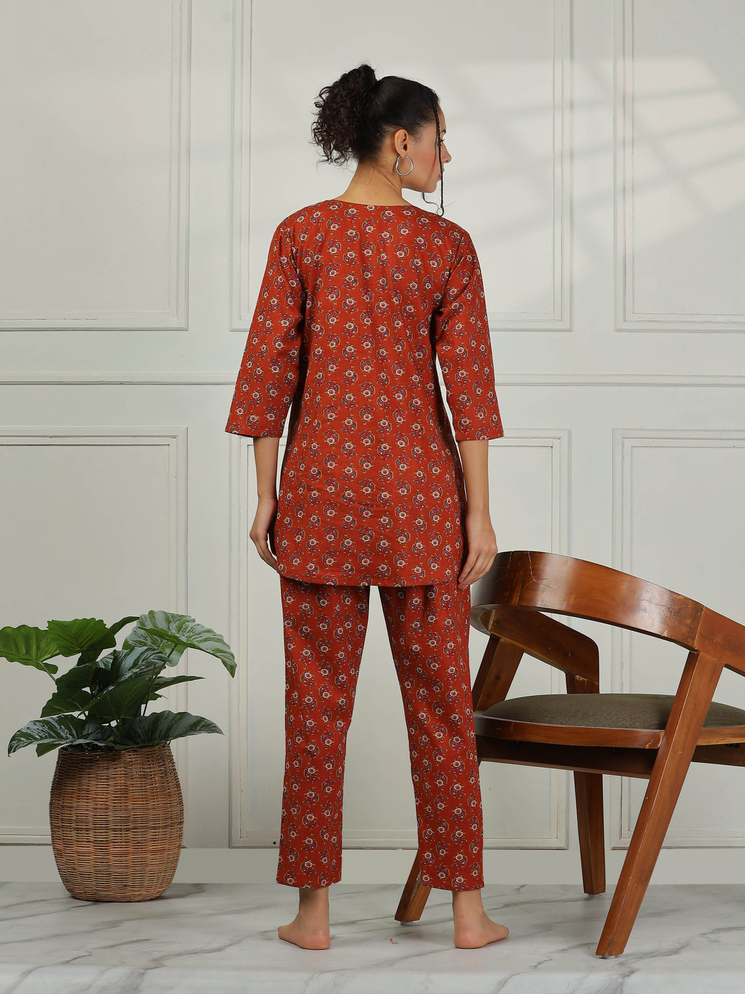 Elegant Brown Cotton Pyjama Set for Women Relaxed Fit Nightwear