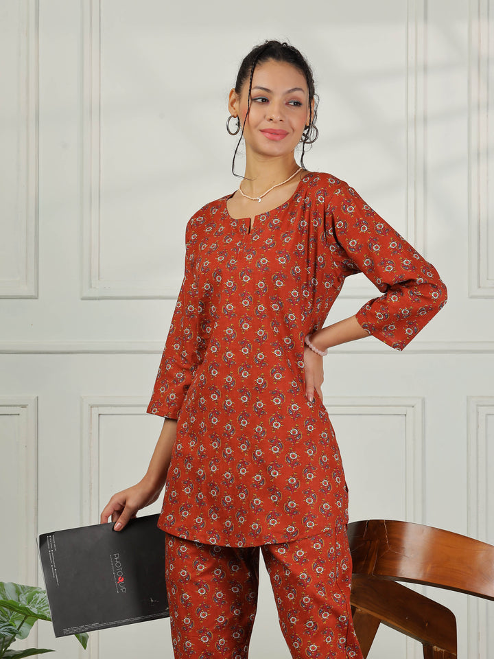 Elegant Brown Cotton Pyjama Set for Women Relaxed Fit Nightwear