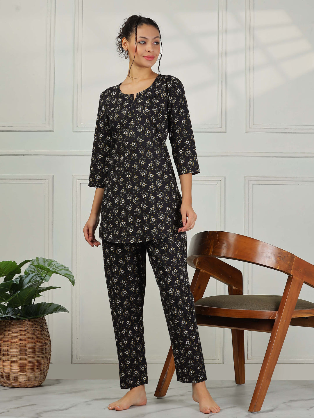 Nature Black Pure Cotton Pyjama Set for Women Comfortable Nightwear