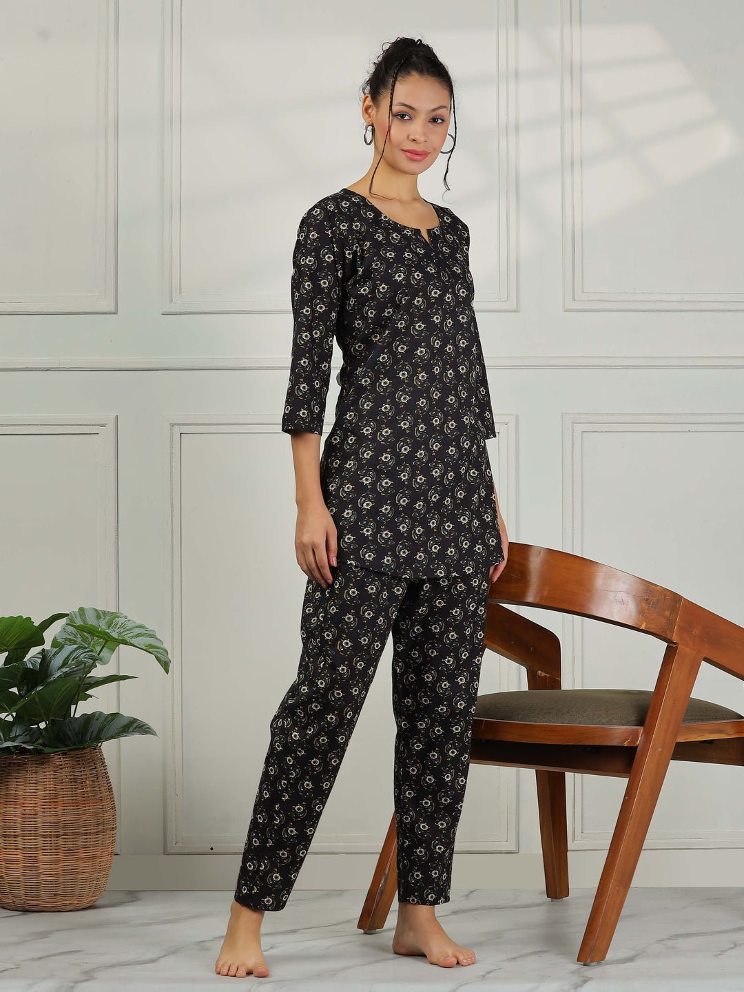 Nature Black Pure Cotton Pyjama Set for Women Comfortable Nightwear