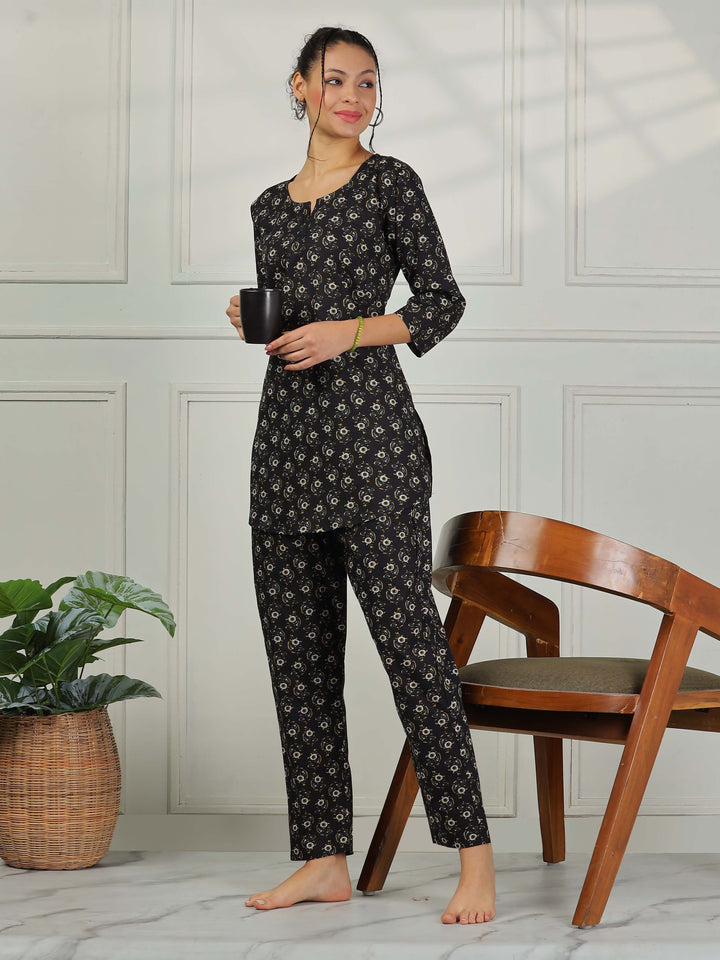 Nature Black Pure Cotton Pyjama Set for Women Comfortable Nightwear