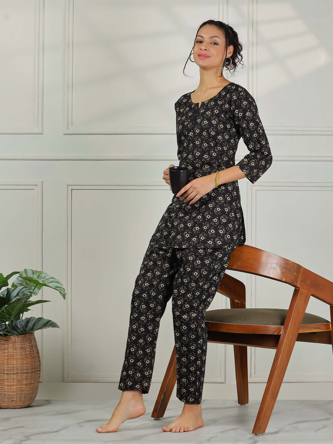 Nature Black Pure Cotton Pyjama Set for Women Comfortable Nightwear