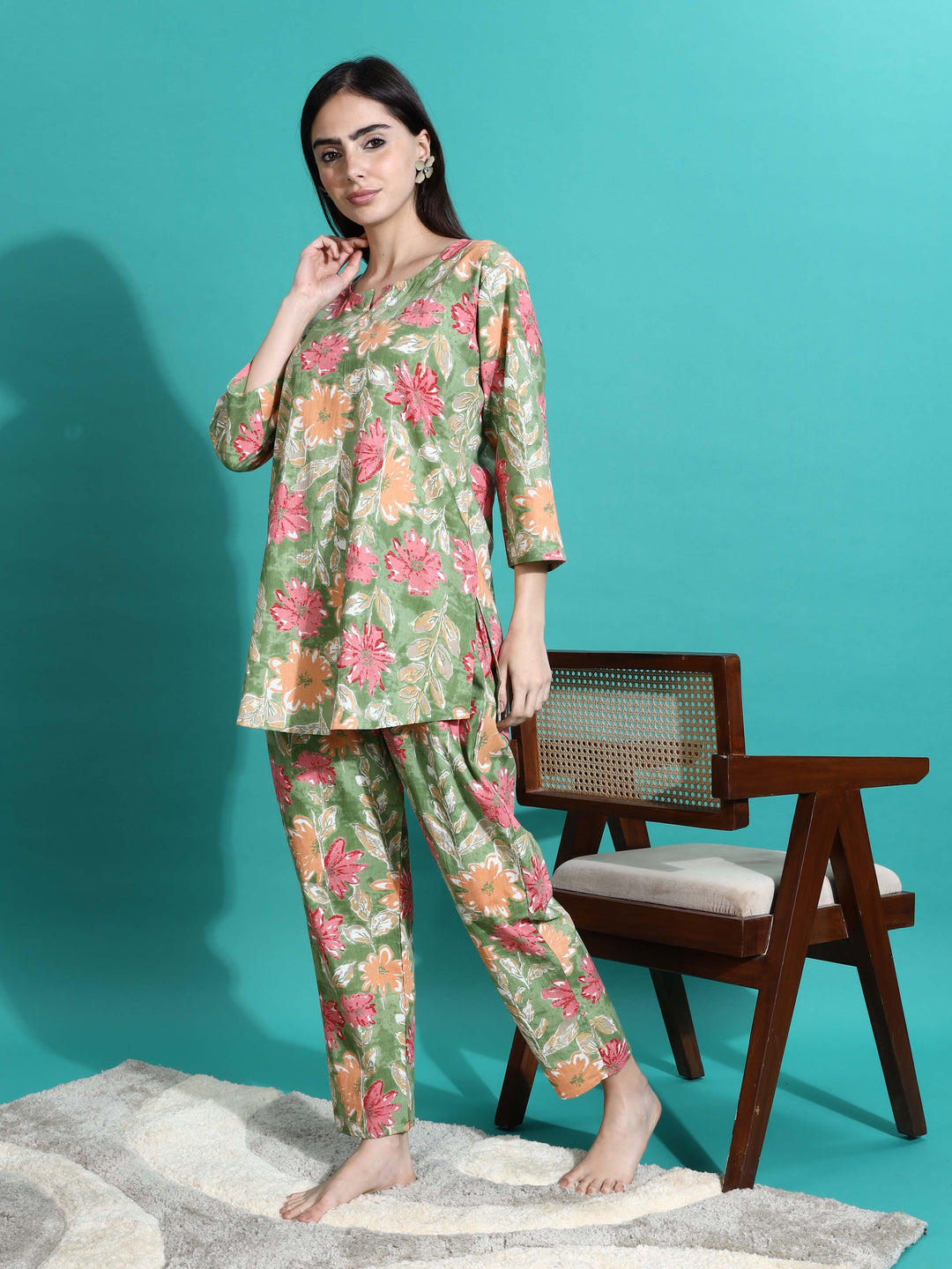 Green Orange Floral Cozy Women's Pajama Set