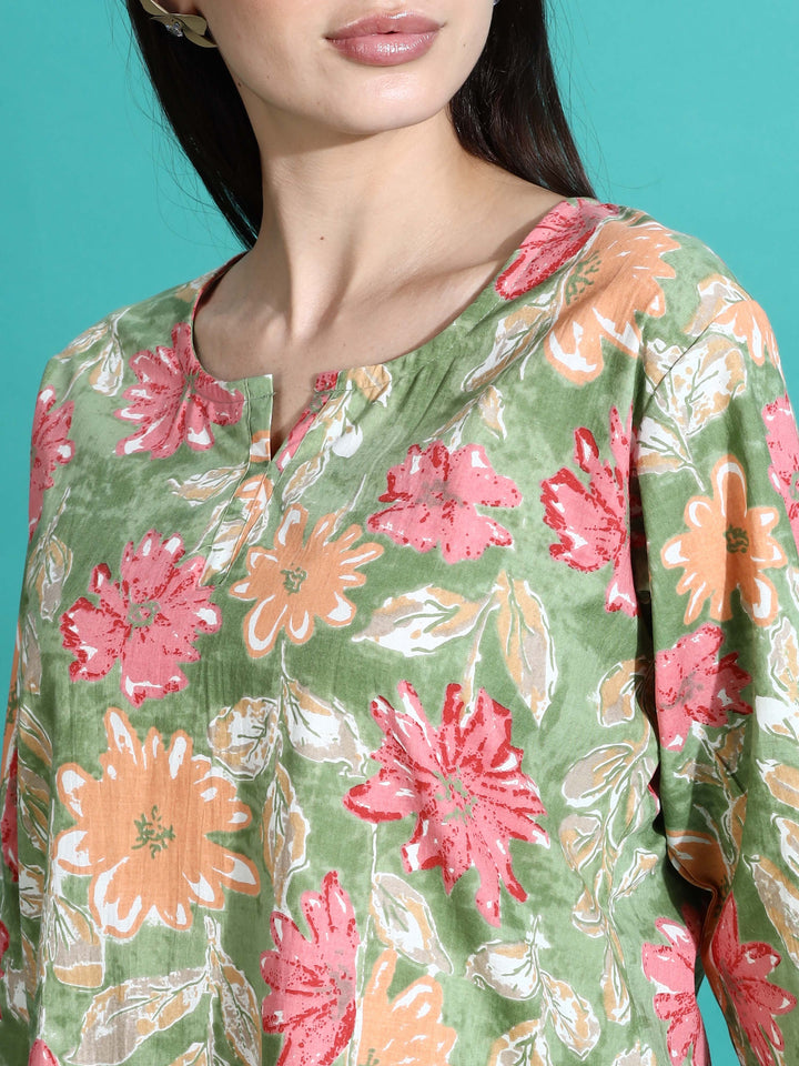 Green Orange Floral Cozy Women's Pajama Set