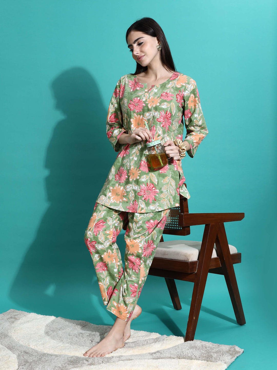 Green Orange Floral Cozy Women's Pajama Set