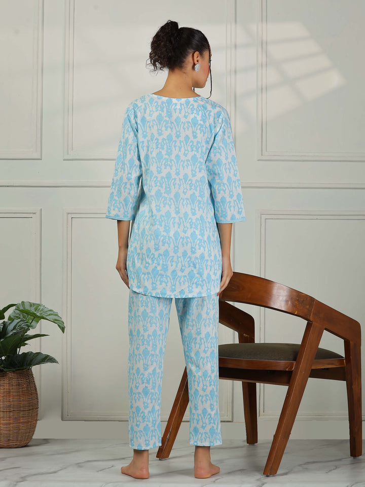 Baby Blue Cotton Pajama Set for Women Relaxed Loungewear Set