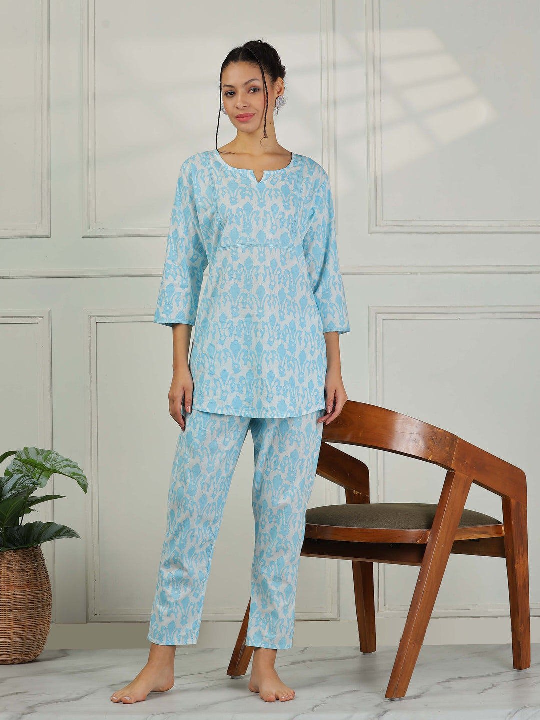 Baby Blue Cotton Pajama Set for Women Relaxed Loungewear Set