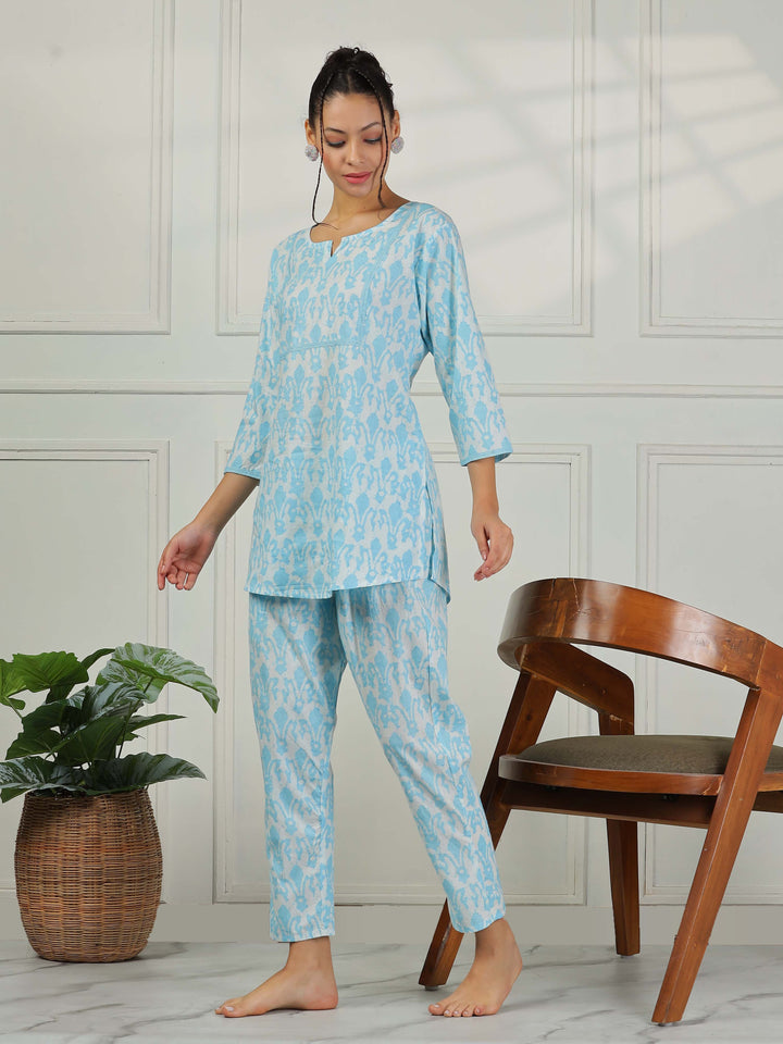 Baby Blue Cotton Pajama Set for Women Relaxed Loungewear Set