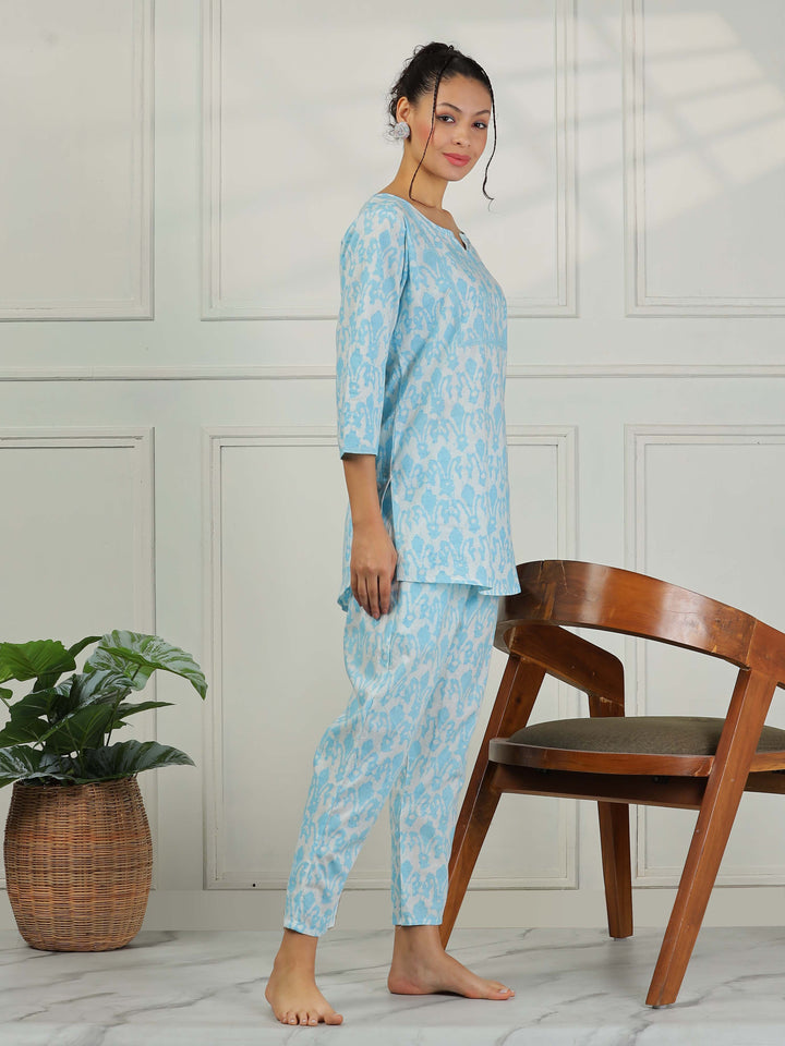 Baby Blue Cotton Pajama Set for Women Relaxed Loungewear Set