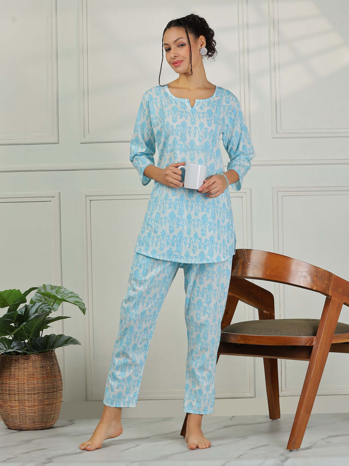 Baby Blue Cotton Pajama Set for Women Relaxed Loungewear Set