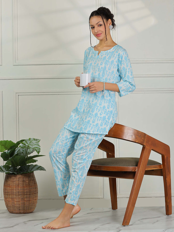 Baby Blue Cotton Pajama Set for Women Relaxed Loungewear Set