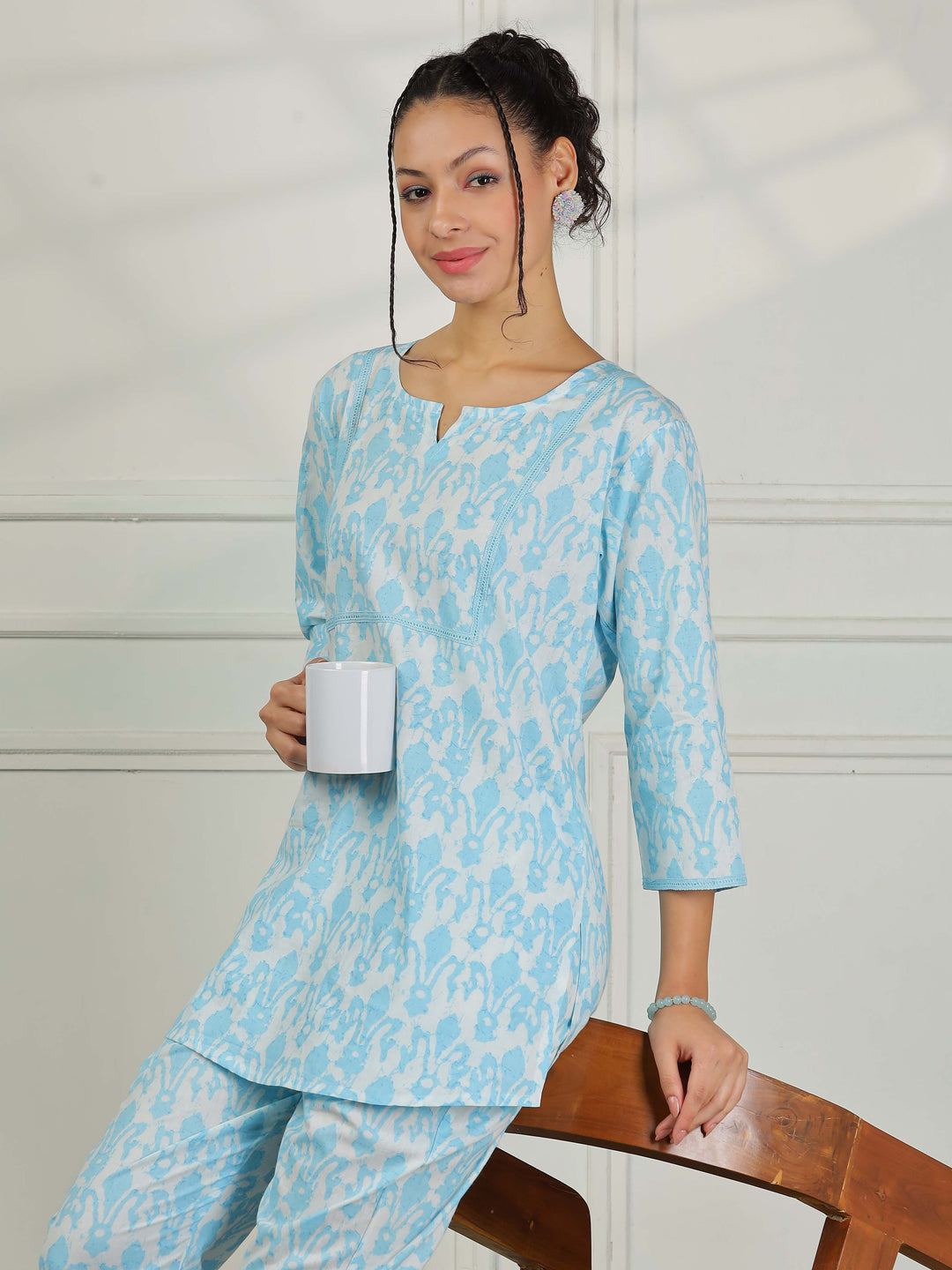 Baby Blue Cotton Pajama Set for Women Relaxed Loungewear Set