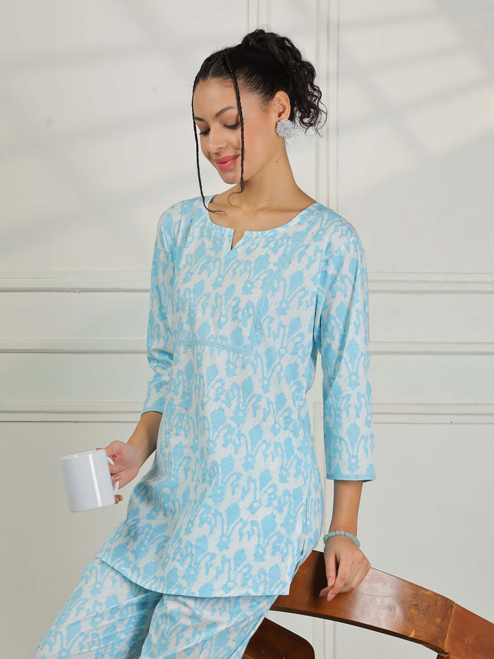 Baby Blue Cotton Pajama Set for Women Relaxed Loungewear Set