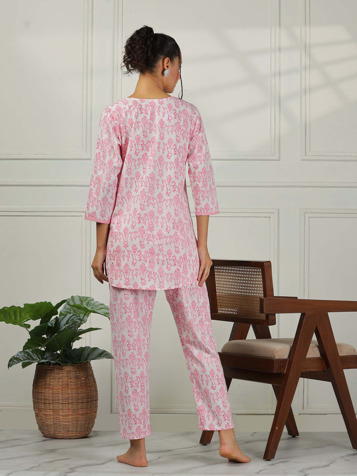 Blush Pink Cotton Pajama Set for Women Elegant Floral Sleepwear