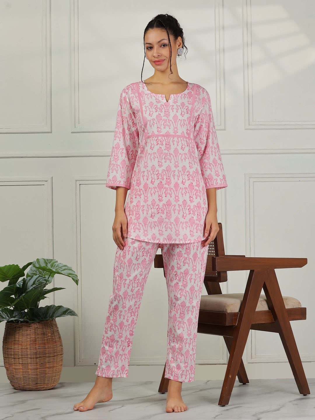 Blush Pink Cotton Pajama Set for Women Elegant Floral Sleepwear