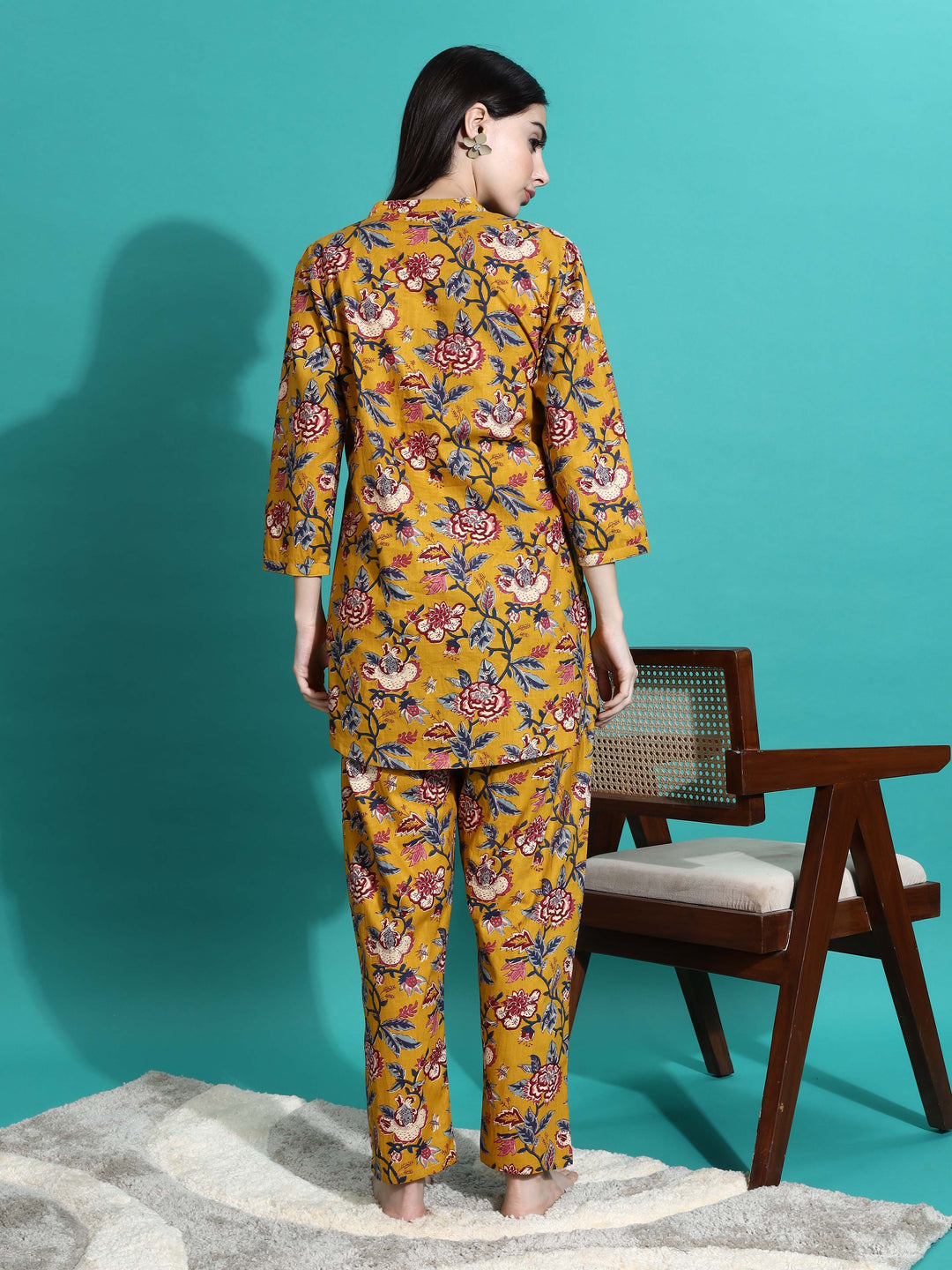 Cozy Mustard Yellow Floral Cotton Pyjama Set for Women 