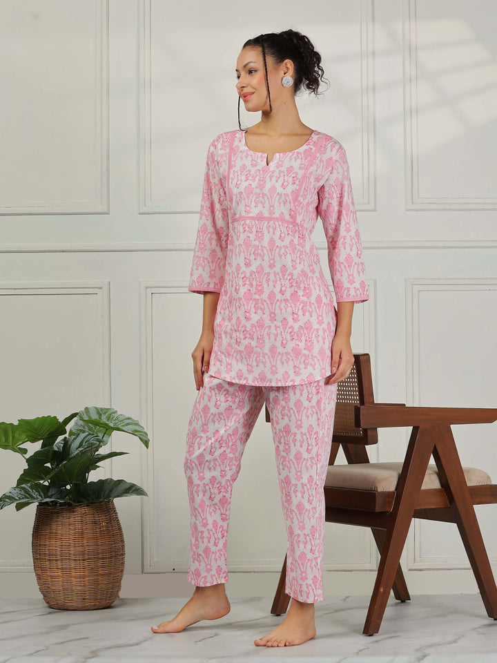 Blush Pink Cotton Pajama Set for Women Elegant Floral Sleepwear