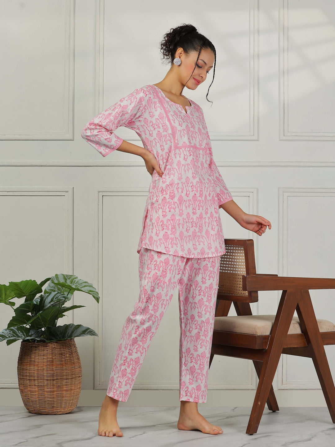 Blush Pink Cotton Pajama Set for Women Elegant Floral Sleepwear