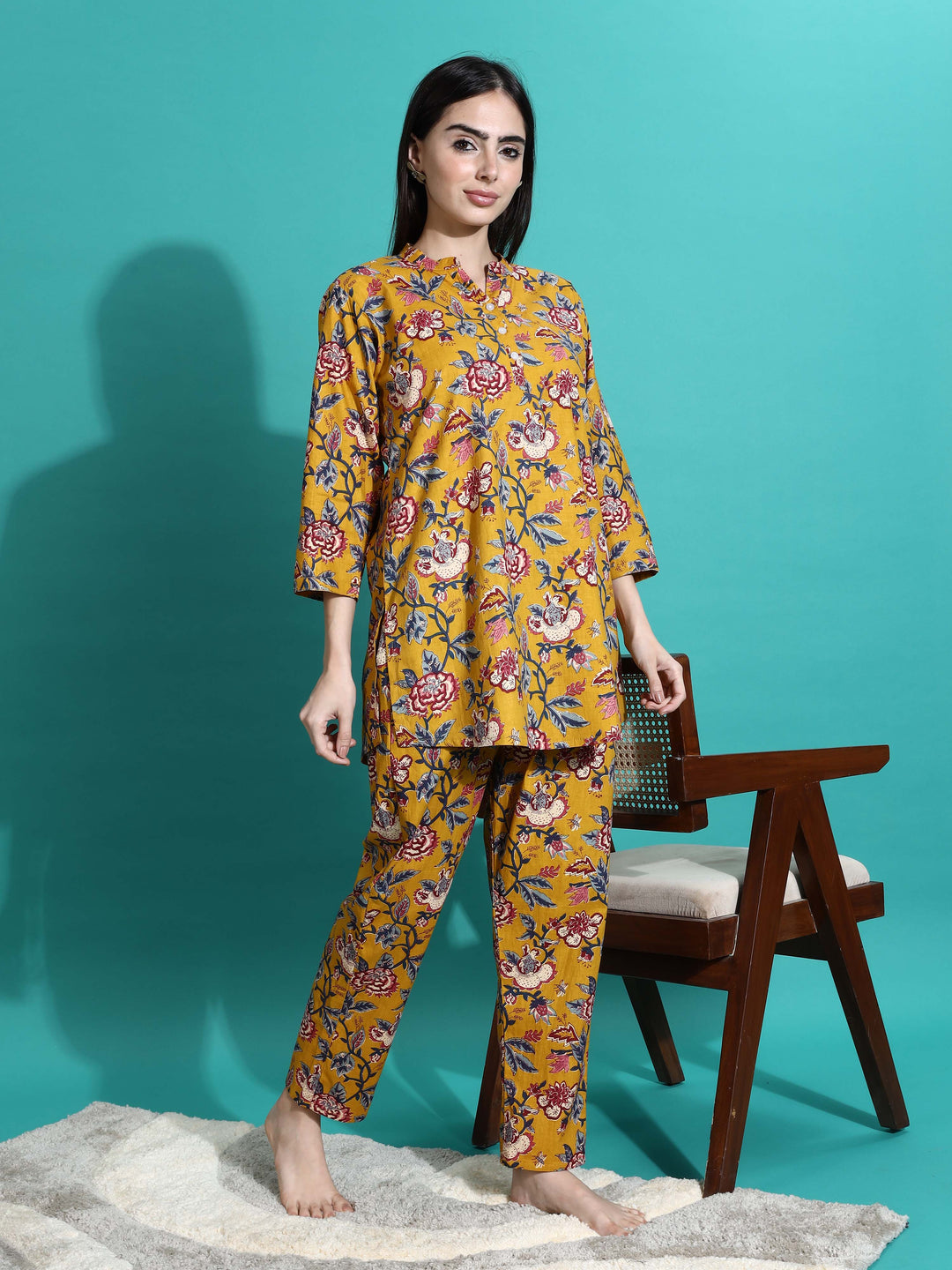 Cozy Mustard Yellow Floral Cotton Pyjama Set for Women 