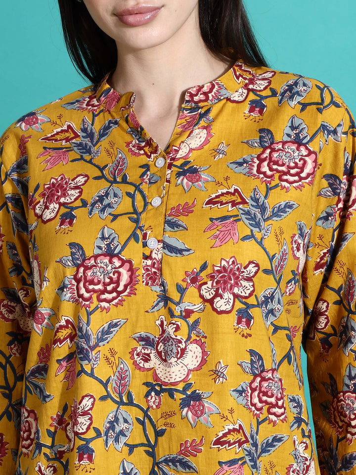 Cozy Mustard Yellow Floral Cotton Pyjama Set for Women 