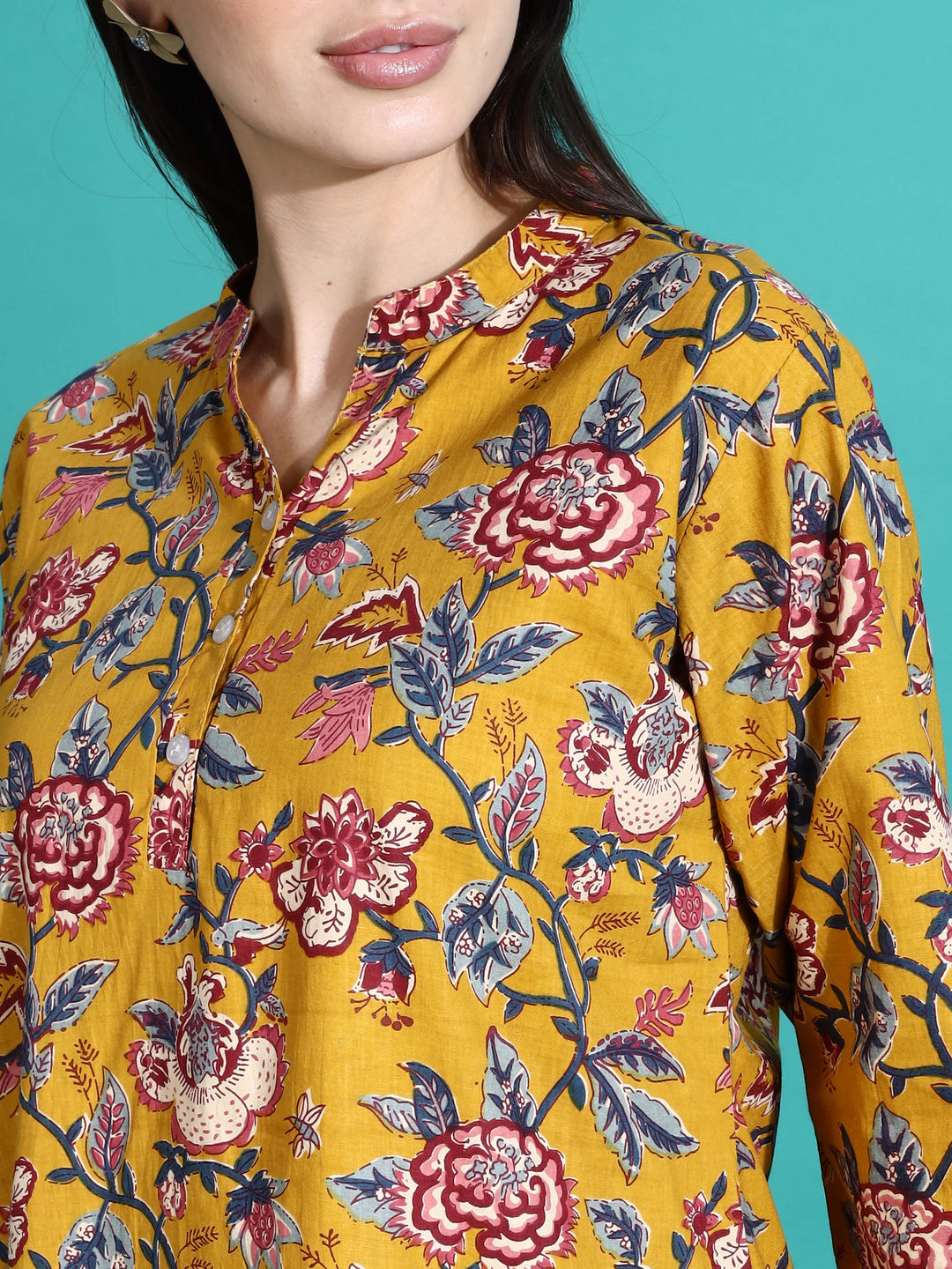 Cozy Mustard Yellow Floral Cotton Pyjama Set for Women 