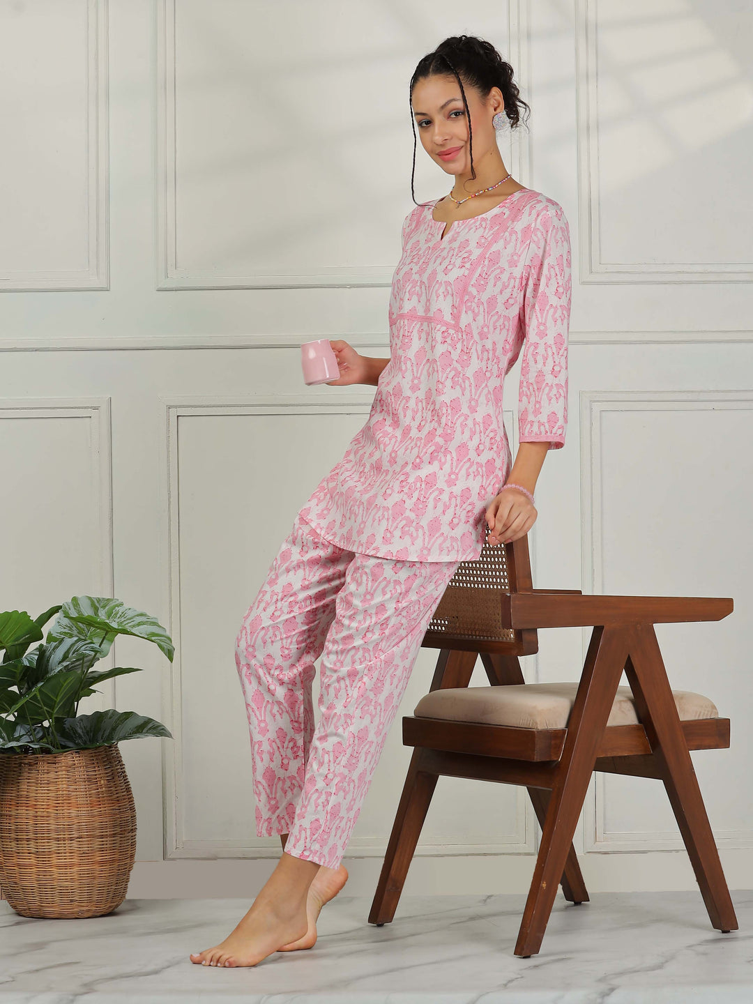 Blush Pink Cotton Pajama Set for Women Elegant Floral Sleepwear