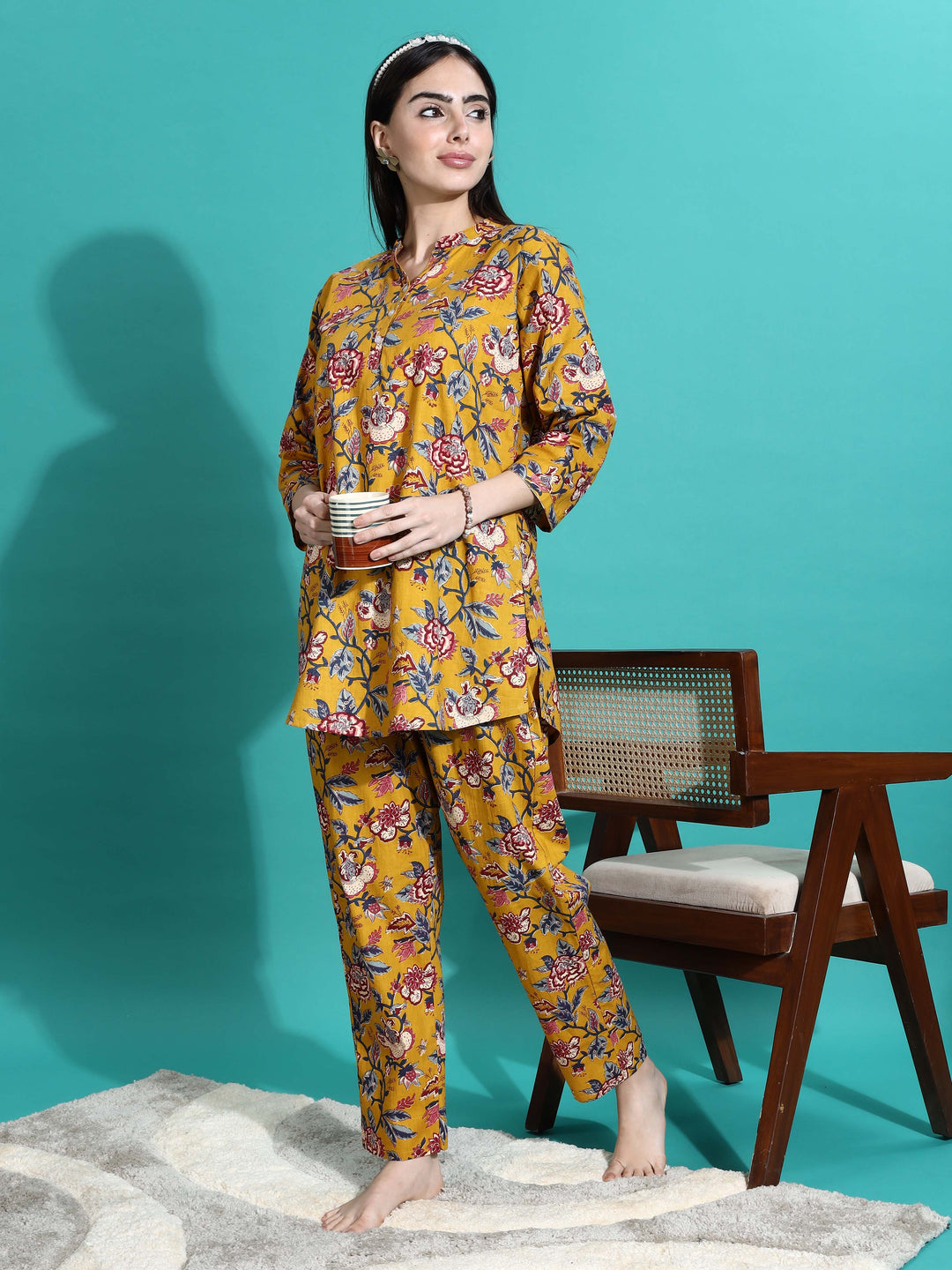 Cozy Mustard Yellow Floral Cotton Pyjama Set for Women 